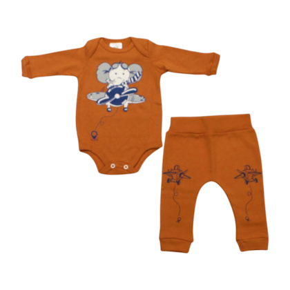 Kit Body e Mijão Masculino Estampado Elefante no Avião 1210/11 - Bebê Precioso
