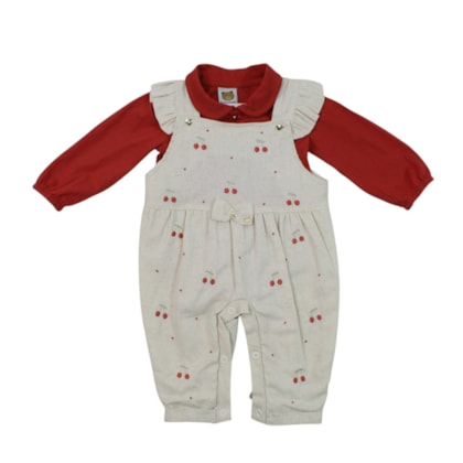 Macacão Tecido Longo Feminino Estampado Cerejas e Body 2 Peças 11100138 - Aconchego do Bebê
