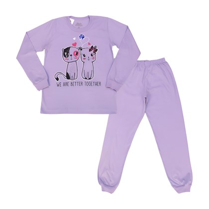 Pijama Longo Feminino  Estampado Gatos Brilha no Escuro 9183 - Bicho Bagunça