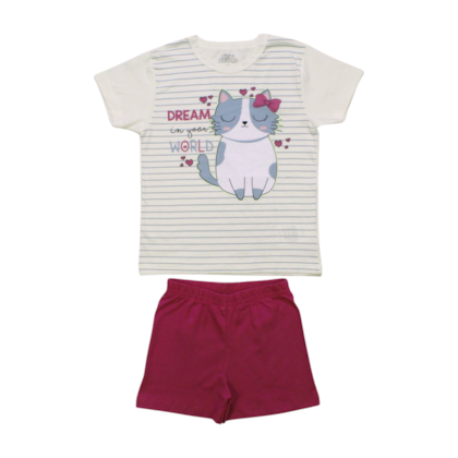 Pijama Malha Curto Feminino Estampa Gatinha Brilha no Escuro 9258 - Bicho Bagunça   