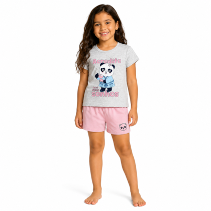 Pijama Malha Curto Feminino Estampa Panda Brilha no Escuro 25193 - Rollu