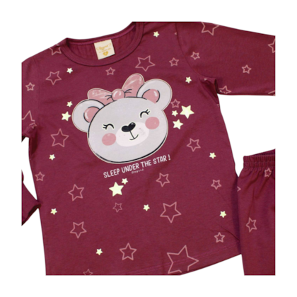 Pijama Malha Longo Feminino Estampa Ursa Brilha no Escuro 00060 - Angerô 