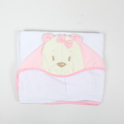 Toalha de Banho com Capuz Ursa Branco e Rosa 0,70Mt x 1,05Mt 206 - Skilper
