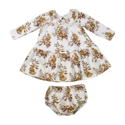 Vestido Manga Longa com Calcinha Estampado Coelhos 2 Peças 2000842 - Milon
